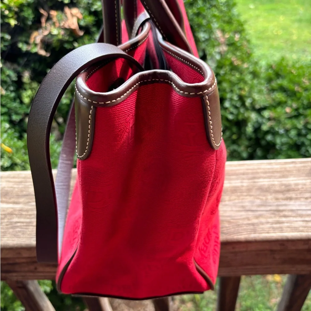 Dooney & Bourke Large Dark Red Monogram Canvas Tote Bag with Brown Leather Trim - Picture 6 of 12